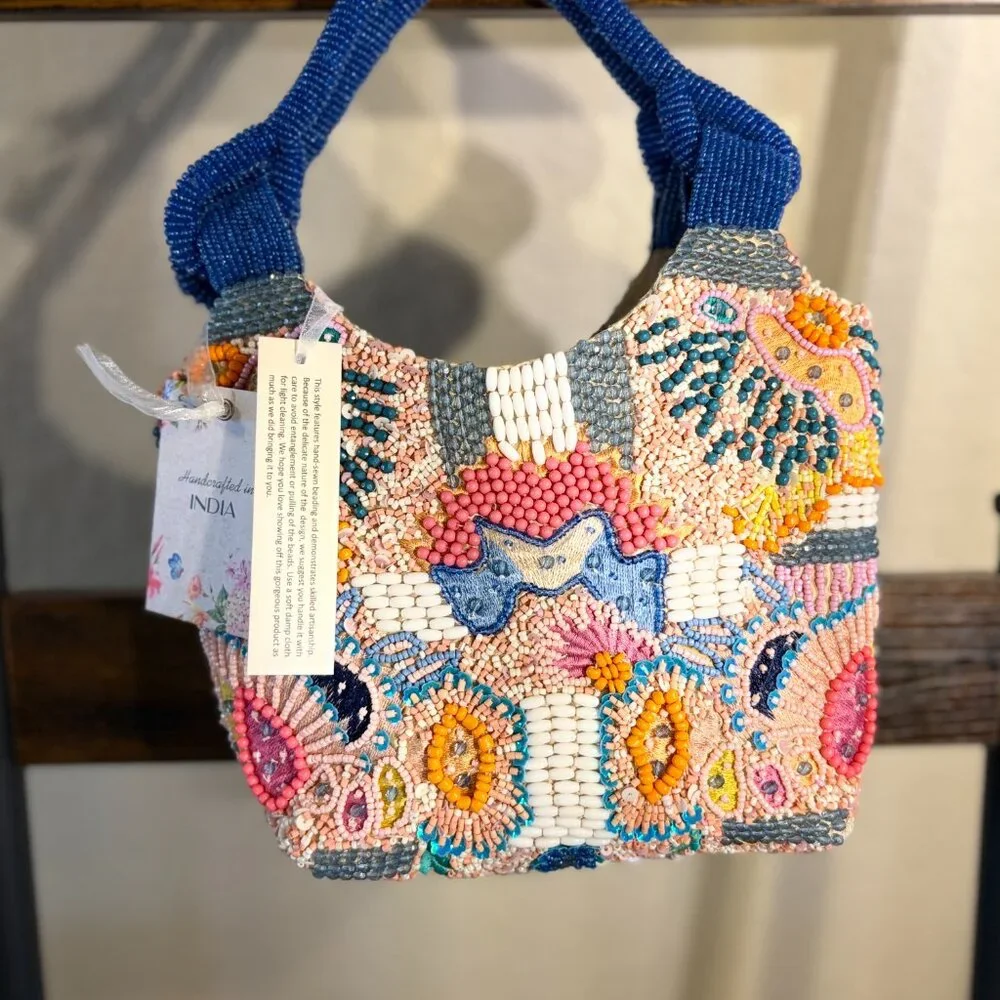 Viral Made in India Beaded Bag Multicolor w/ Blue Handle - Picture 6 of 6